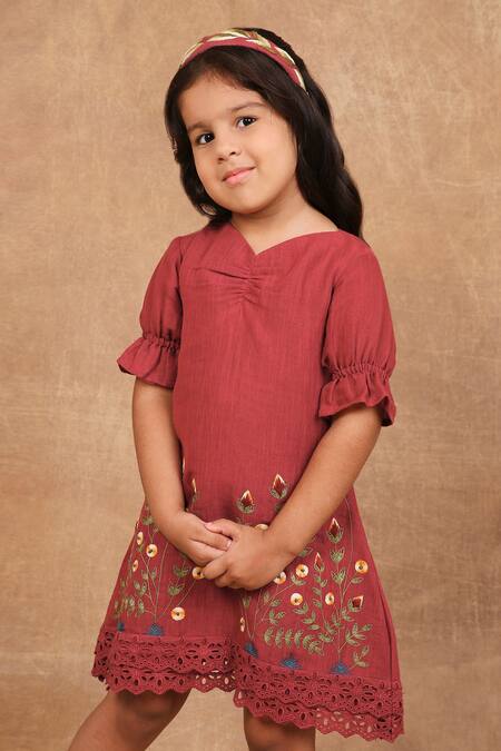 Shop_The Right Cut_Red Linen Embroidery Hand Dress 