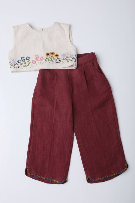 The Right Cut_Ivory Linen Embroidery Floral Top With Pant_Online_at_Aza_Fashions