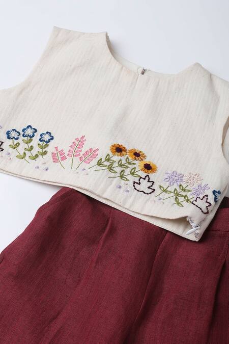 Buy_The Right Cut_Ivory Linen Embroidery Floral Top With Pant_Online_at_Aza_Fashions