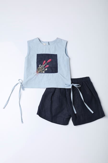The Right Cut_Blue Cotton, Linen Embroidery Summer Daisy Top With Shorts _Online_at_Aza_Fashions