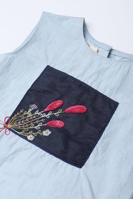 Buy_The Right Cut_Blue Cotton, Linen Embroidery Summer Daisy Top With Shorts _Online_at_Aza_Fashions
