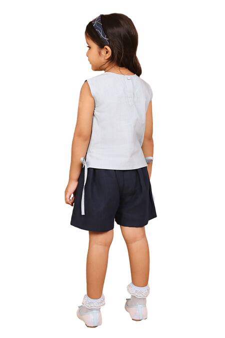 Shop_The Right Cut_Blue Cotton, Linen Embroidery Summer Daisy Top With Shorts _Online_at_Aza_Fashions