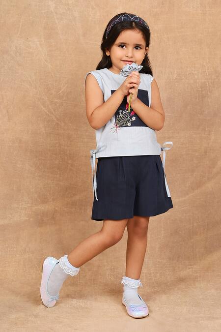 The Right Cut_Blue Cotton, Linen Embroidery Summer Daisy Top With Shorts _at_Aza_Fashions