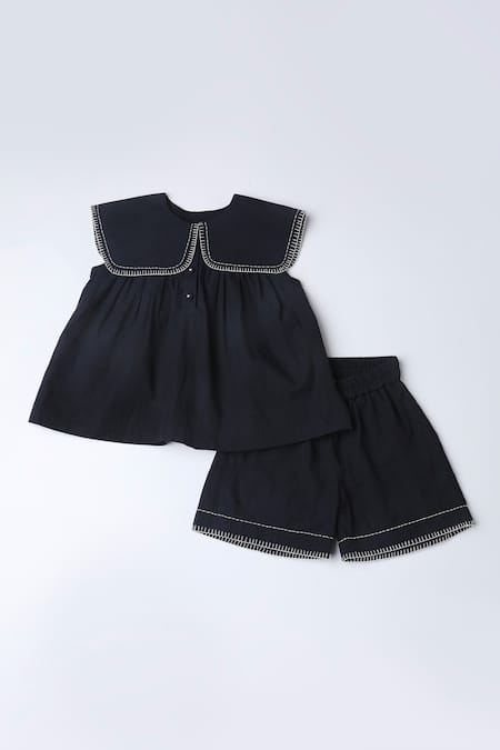 The Right Cut_Black Cotton Embroidery Pilgrim Collared Top With Shorts _Online_at_Aza_Fashions