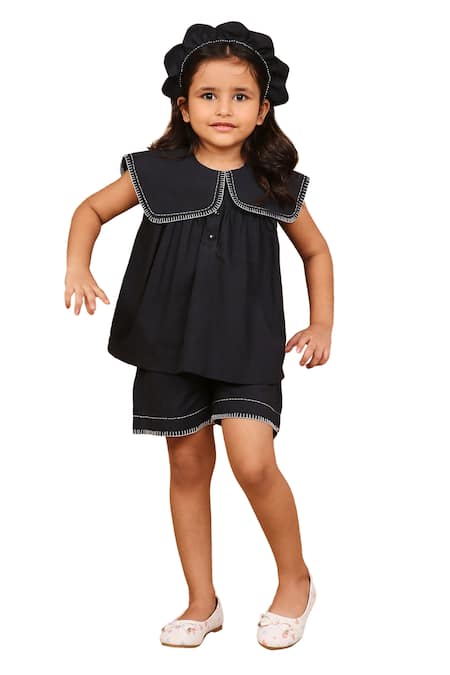 Shop_The Right Cut_Black Cotton Embroidery Pilgrim Collared Top With Shorts _Online_at_Aza_Fashions