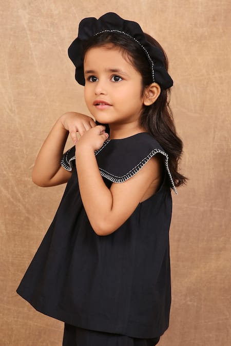 The Right Cut_Black Cotton Embroidery Pilgrim Collared Top With Shorts _at_Aza_Fashions