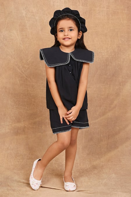 Buy_The Right Cut_Black Cotton Embroidery Pilgrim Collared Top With Shorts 