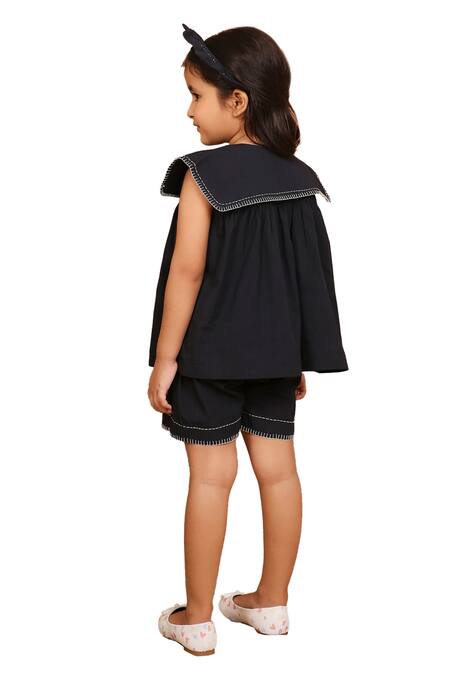 Shop_The Right Cut_Black Cotton Embroidery Pilgrim Collared Top With Shorts 