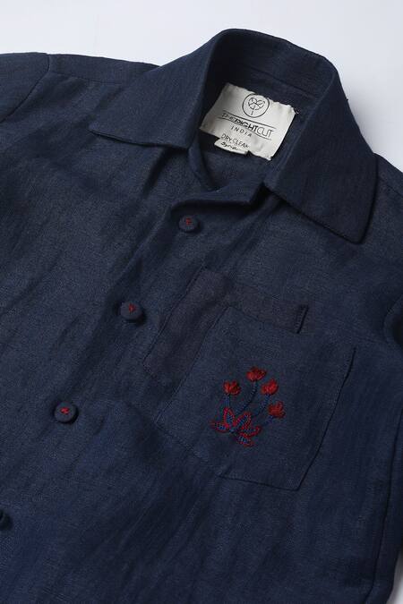 The Right Cut_Blue Linen Embroidery Minimalist Dual Pocket Shirt _Online_at_Aza_Fashions