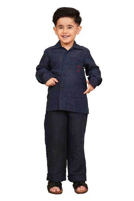 Shop_The Right Cut_Blue Linen Embroidery Minimalist Dual Pocket Shirt _Online_at_Aza_Fashions