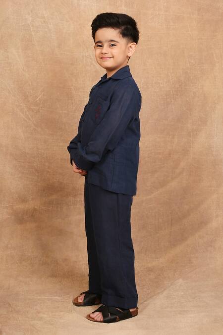 The Right Cut_Blue Linen Embroidery Minimalist Dual Pocket Shirt _at_Aza_Fashions