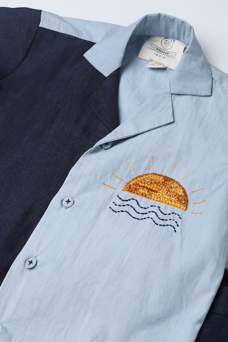 The Right Cut_Blue Linen, Cotton Embroidery Two Tone Placement Shirt _Online_at_Aza_Fashions