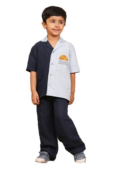 Shop_The Right Cut_Blue Linen, Cotton Embroidery Two Tone Placement Shirt _Online_at_Aza_Fashions