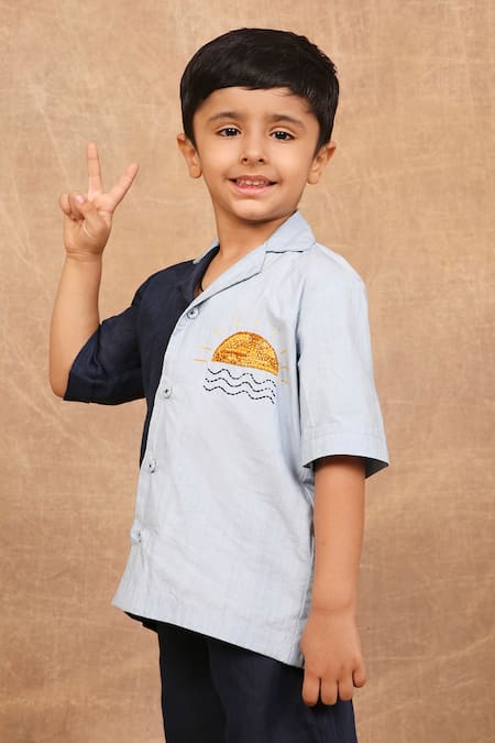 The Right Cut_Blue Linen, Cotton Embroidery Two Tone Placement Shirt _at_Aza_Fashions