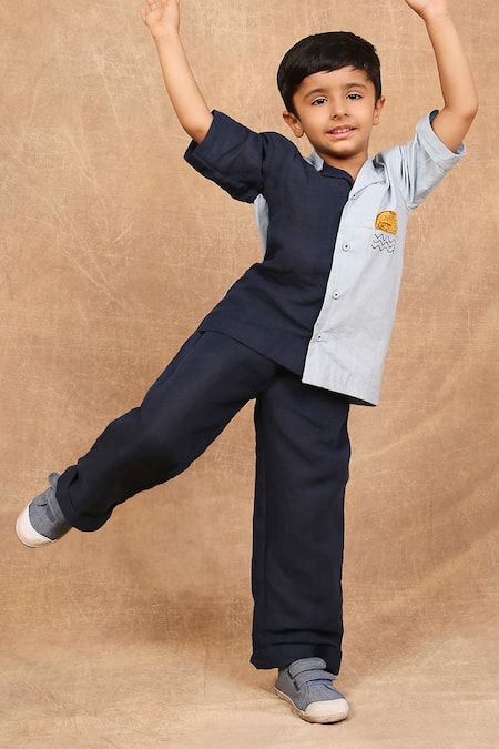 Buy_The Right Cut_Blue Linen, Cotton Embroidery Two Tone Placement Shirt 