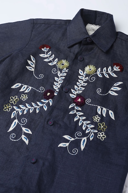 The Right Cut_Blue Linen Embroidery Floral Shirt _Online_at_Aza_Fashions