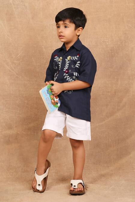 Shop_The Right Cut_Blue Linen Embroidery Floral Shirt _Online_at_Aza_Fashions