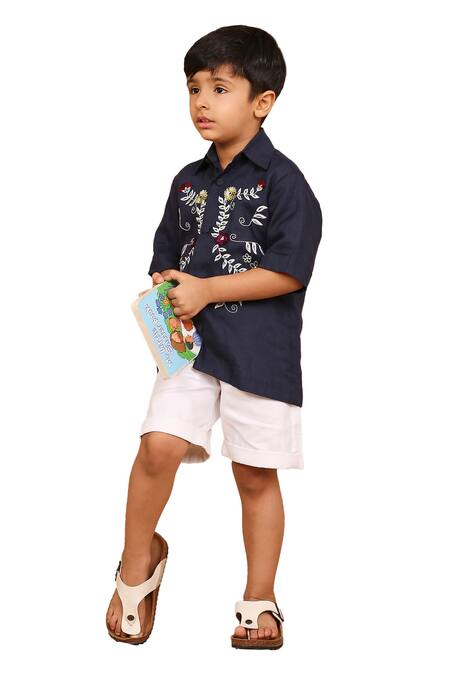 The Right Cut_Blue Linen Embroidery Floral Shirt _at_Aza_Fashions