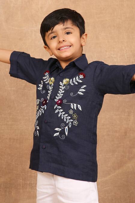 Buy_The Right Cut_Blue Linen Embroidery Floral Shirt 