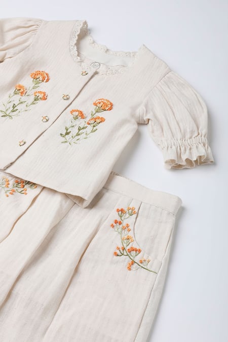 Buy_The Right Cut_Ivory Handloom , Embroidery Floral Top And Pant Set_Online_at_Aza_Fashions