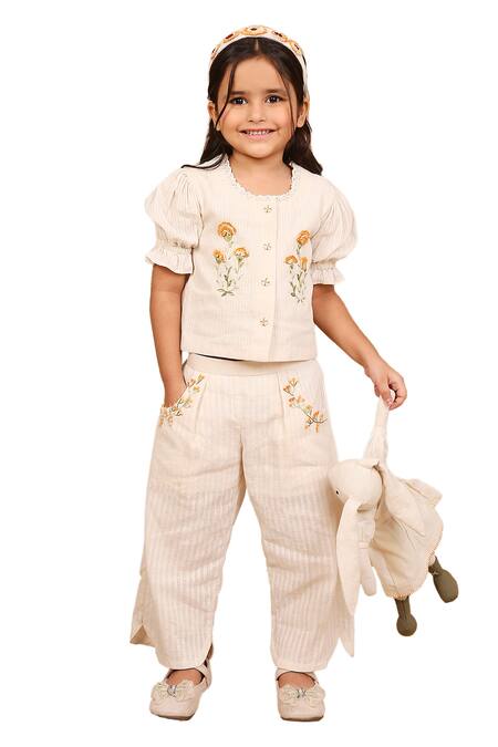 Buy_The Right Cut_Ivory Handloom , Embroidery Floral Top And Pant Set