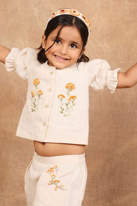 Shop_The Right Cut_Ivory Handloom , Embroidery Floral Top And Pant Set