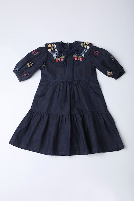 The Right Cut_Blue Linen Embroidery Floral Dress _Online_at_Aza_Fashions