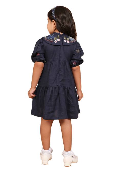 Shop_The Right Cut_Blue Linen Embroidery Floral Dress _Online_at_Aza_Fashions