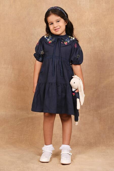 The Right Cut_Blue Linen Embroidery Floral Dress _at_Aza_Fashions