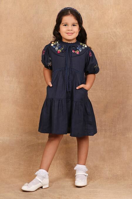 Buy_The Right Cut_Blue Linen Embroidery Floral Dress 
