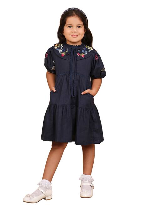 Shop_The Right Cut_Blue Linen Embroidery Floral Dress 