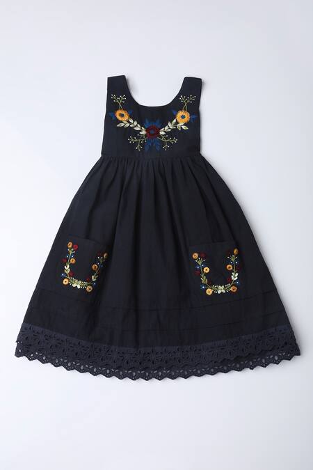 The Right Cut_Black Cotton Embroidery Floral Thread Dress _Online_at_Aza_Fashions