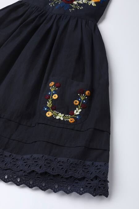 Shop_The Right Cut_Black Cotton Embroidery Floral Thread Dress _Online_at_Aza_Fashions