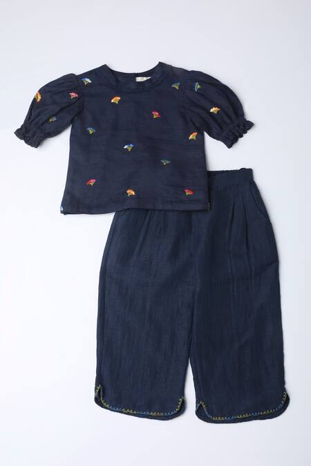 The Right Cut_Blue Linen Embroidery Floral Puffed Sleeve Top And Pant Set _Online_at_Aza_Fashions