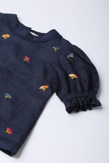 Buy_The Right Cut_Blue Linen Embroidery Floral Puffed Sleeve Top And Pant Set _Online_at_Aza_Fashions