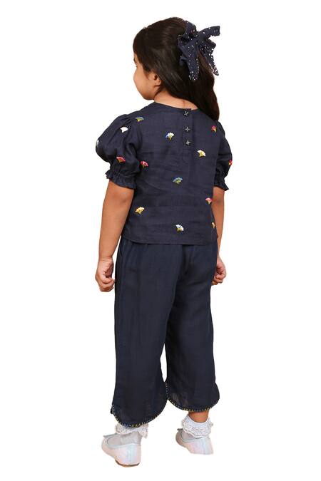 Shop_The Right Cut_Blue Linen Embroidery Floral Puffed Sleeve Top And Pant Set _Online_at_Aza_Fashions