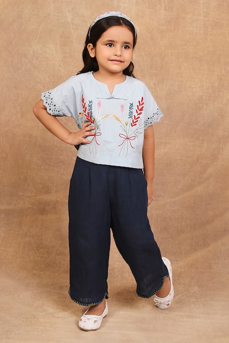 The Right Cut Blue Organic Cotton Embroidered Floral Top And Pant Set 