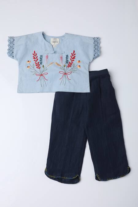 The Right Cut_Blue Linen, Cotton Embroidery Floral Top And Pant Set _Online_at_Aza_Fashions