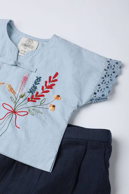 Buy_The Right Cut_Blue Linen, Cotton Embroidery Floral Top And Pant Set _Online_at_Aza_Fashions