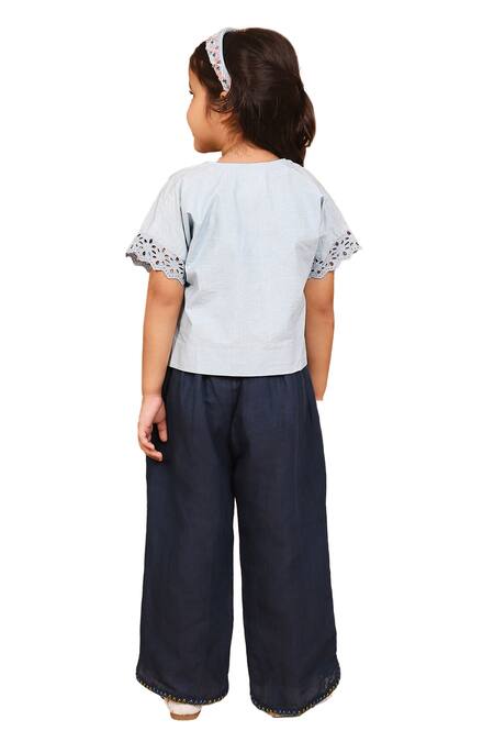 Shop_The Right Cut_Blue Linen, Cotton Embroidery Floral Top And Pant Set _Online_at_Aza_Fashions