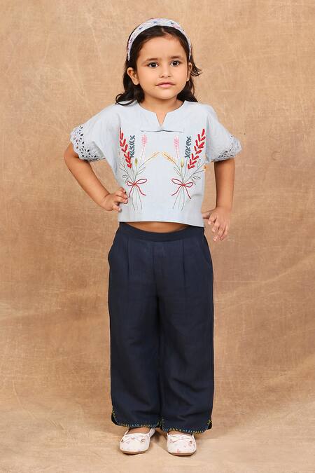 The Right Cut_Blue Linen, Cotton Embroidery Floral Top And Pant Set _at_Aza_Fashions