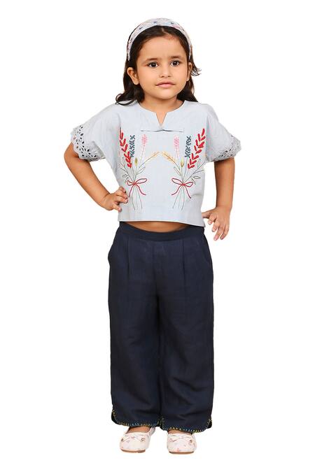 Buy_The Right Cut_Blue Linen, Cotton Embroidery Floral Top And Pant Set 
