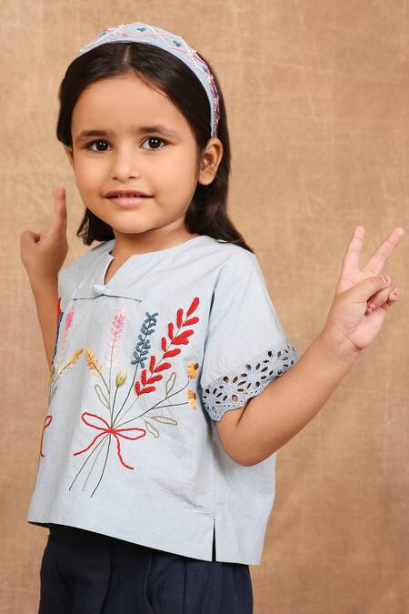 Shop_The Right Cut_Blue Linen, Cotton Embroidery Floral Top And Pant Set 