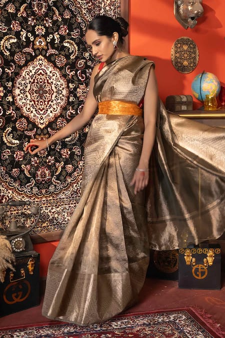 Zal From Benaras Grey Tissue Silk Hand Banarasi Saree With Unstitched Blouse Piece 