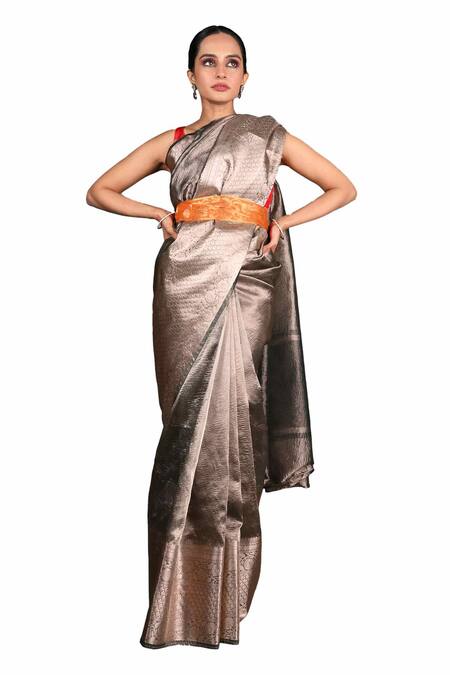 Buy_Zal From Benaras_Grey Tissue, Silk Embroidery Banarasi Saree With Unstitched Blouse Piece_Online_at_Aza_Fashions