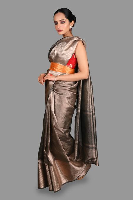 Shop_Zal From Benaras_Grey Tissue, Silk Embroidery Banarasi Saree With Unstitched Blouse Piece_Online_at_Aza_Fashions