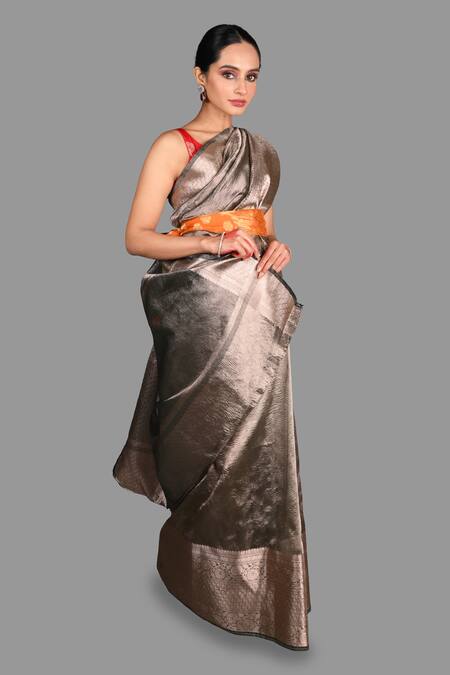 Zal From Benaras_Grey Tissue, Silk Embroidery Banarasi Saree With Unstitched Blouse Piece_at_Aza_Fashions