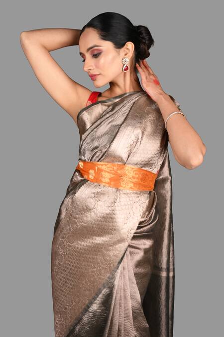 Buy_Zal From Benaras_Grey Tissue, Silk Embroidery Banarasi Saree With Unstitched Blouse Piece