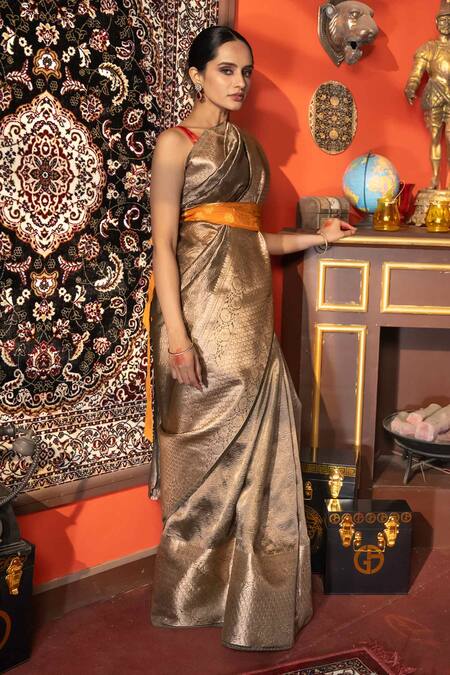 Shop_Zal From Benaras_Grey Tissue, Silk Embroidery Banarasi Saree With Unstitched Blouse Piece