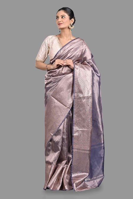 Zal From Benaras Purple Tissue Banarasi Handloom Saree With Unstitched Blouse Piece 